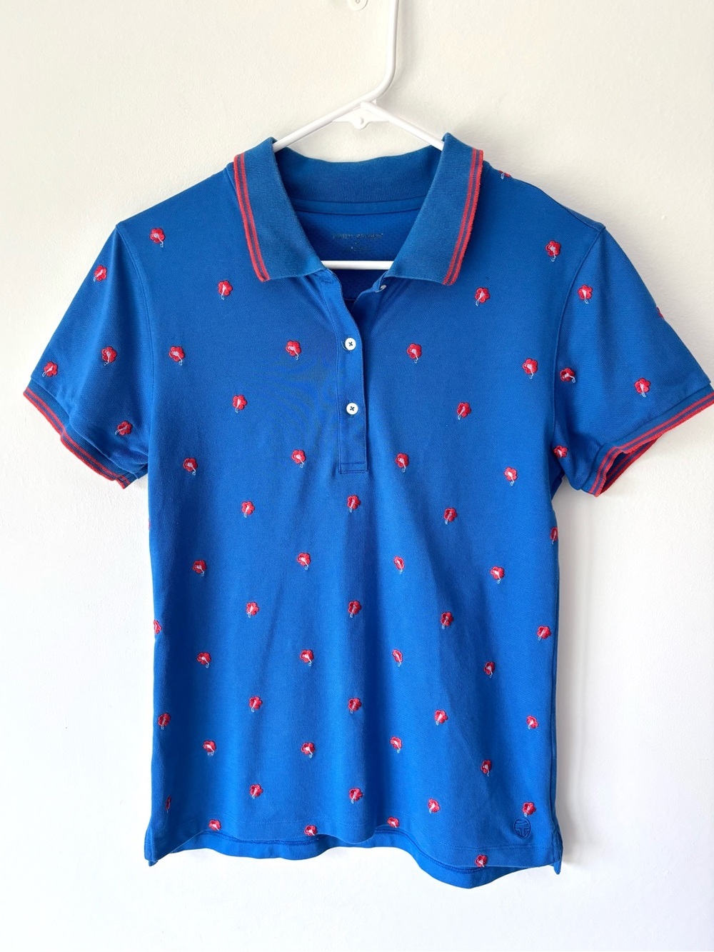 Tory Burch Sport Performance Pique Polo Surf Blue Dear Flower Embroidered Golf
